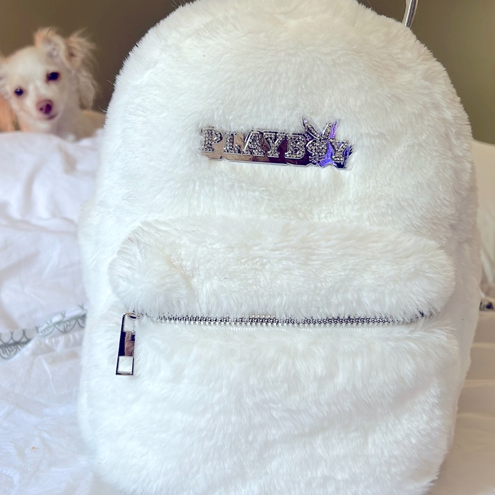 White Furry Playboy Mini Backpack